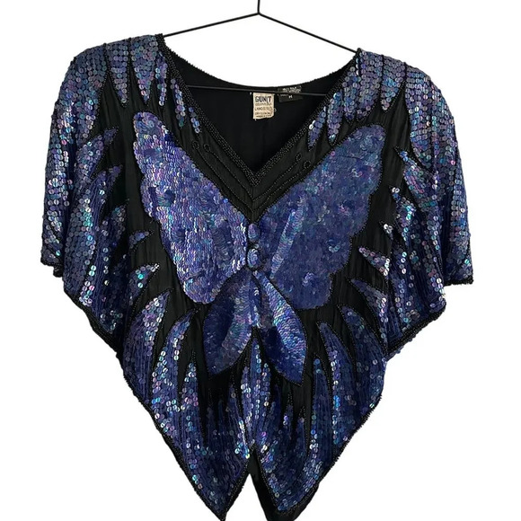 Vintage 70s/80s BUTTERFLY Bluish purple sequin and beaded cape blouse top Sz M - Picture 1 of 15